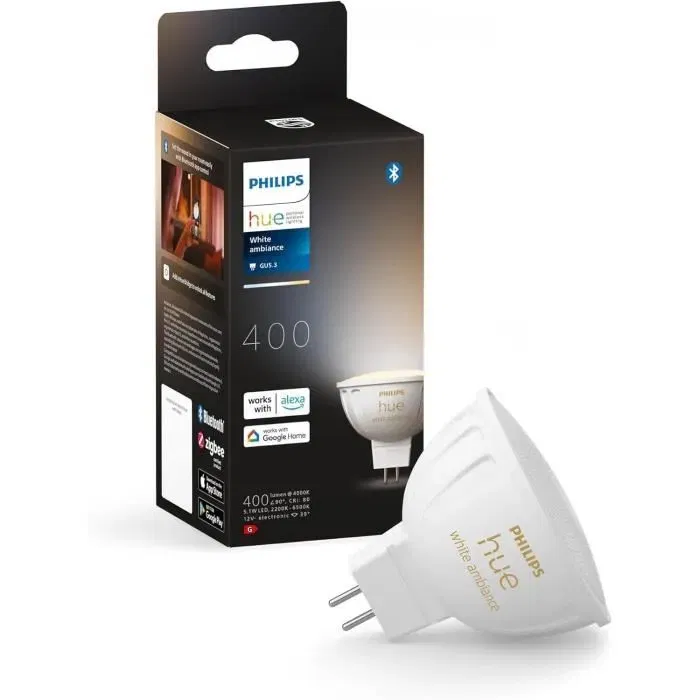 Philips Hue MR16 White Ambiance - Ampoule connectée intelligente LED GU5.3 35W équivalent - Bluetooth - Blanc chaud à froid