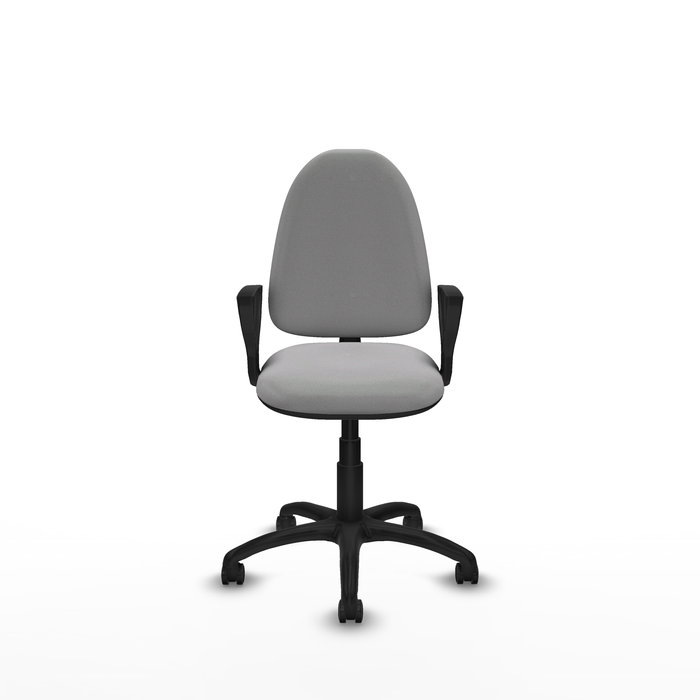 Chaise de bureau Aýna avec mécanisme de contact permanent de base, revêtue de tissu gris clair. Équipée d'une base en polyamide noir, d'accoudoirs fixes et de roulettes autobloquantes
