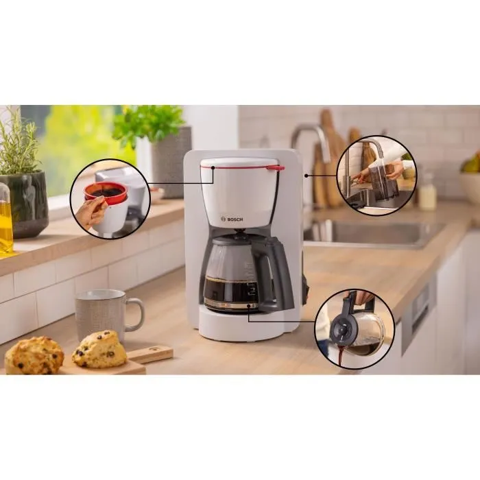 Bosch TKA2M111 Cafetière Filtre MyMoment Blanche 1,25L (10/15 tasses) - Verseuse en verre - Système anti-gouttes - Arrêt automatique - 1100 W Bosch TKA2M111 Cafetière Filtre MyMoment Blanche 1,25L (10/15 tasses) - Verseuse en verre - Système anti-gouttes - Arrêt automatique - 1100 W