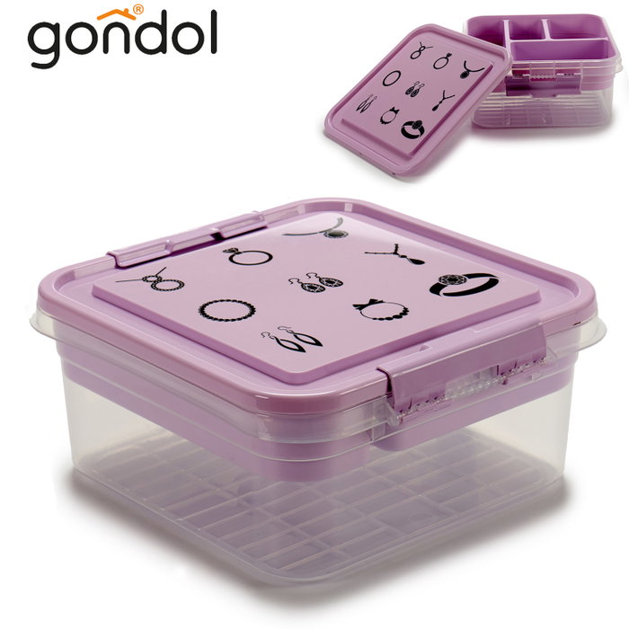Gondol Coffret à Bijoux en Plastique avec Fermeture Transparent et Violet 24,5x11,5x26 cm (Set de 12)