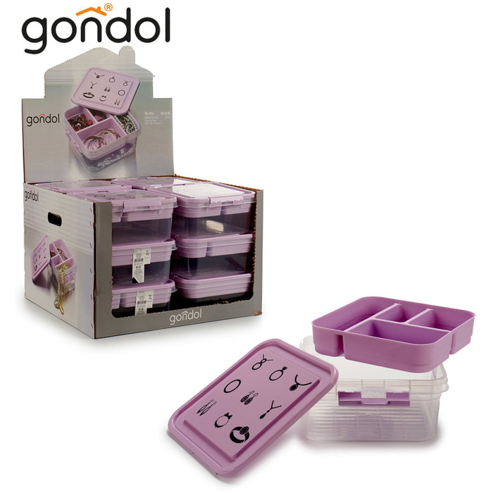 Gondol Coffret à Bijoux en Plastique avec Fermeture Transparent et Violet 24,5x11,5x26 cm (Set de 12)