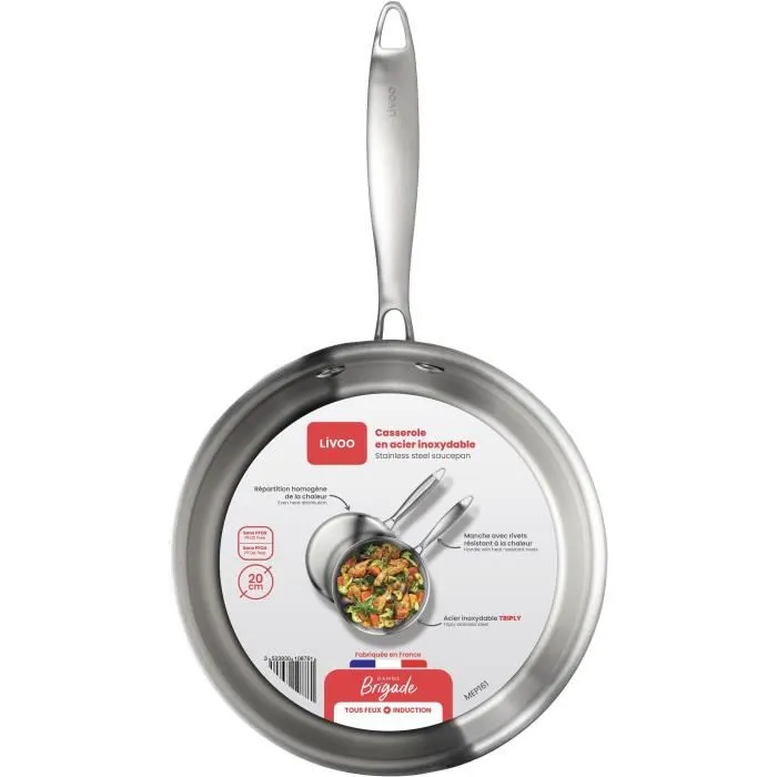 Livoo MEP161 Casserole Triply 20 cm en acier inoxydable 18/10, Compatible induction et four, Made in France