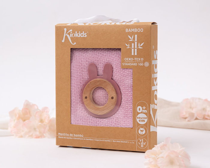 KioKids Set pour bébé - Manta et mordedor en bambou rose, 80x110 cm, en bambou 100% et bois de hêtre avec silicone, pour nouveau-né et soulagement des poussées dentaires KioKids Set pour bébé - Manta et mordedor en bambou rose, 80x110 cm, en bambou 100% et bois de hêtre avec silicone, pour nouveau-né et soulagement des poussées dentaires