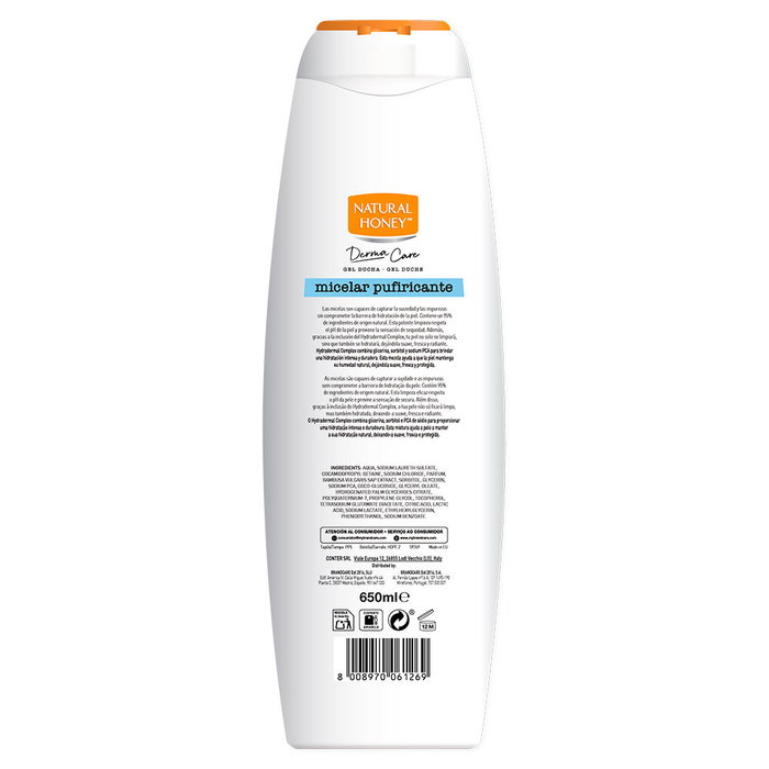 Natural Honey Gel Douche Micellaire Purifiant DERMA CARE 650 ml - Nettoie Peaux Sensibles, 95% d'Ingrédients Naturels, Hydradermal, Bambou