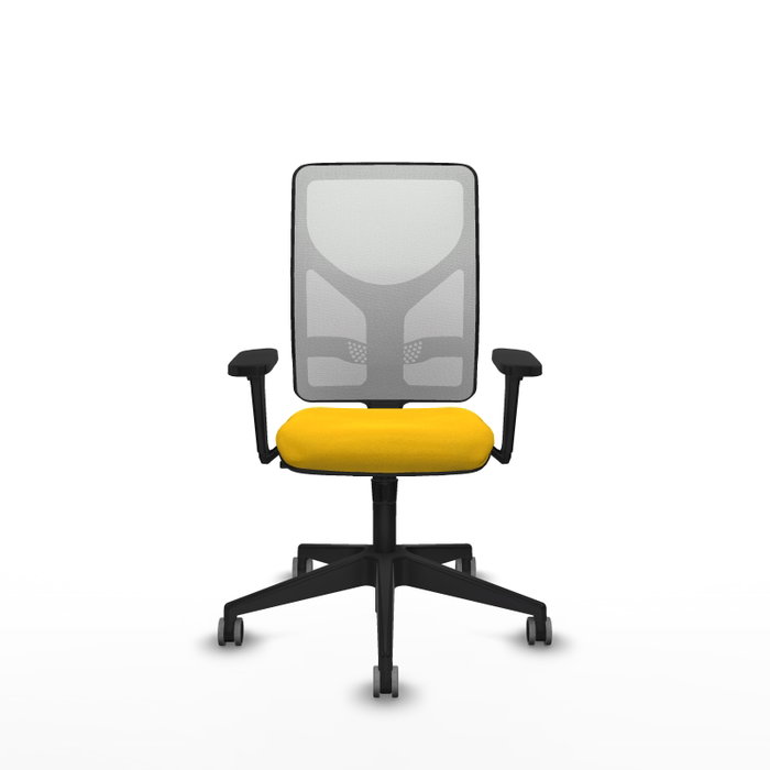 Chaise Motilla Synchro 3 positions tissu Jaune Maille Blanc Base pyramidale noire Accoudoir 3D Sans appui-tête Roulettes 65mm pour moquette