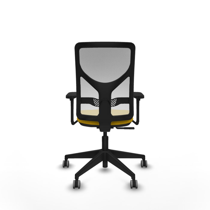 Chaise Motilla Synchro 3 positions tissu Jaune Maille Blanc Base pyramidale noire Accoudoir 3D Sans appui-tête Roulettes 65mm pour moquette