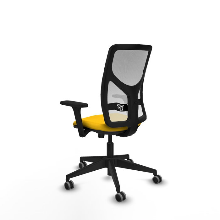 Chaise Motilla Synchro 3 positions tissu Jaune Maille Blanc Base pyramidale noire Accoudoir 3D Sans appui-tête Roulettes 65mm pour moquette