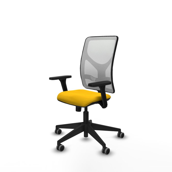 Chaise Motilla Synchro 3 positions tissu Jaune Maille Blanc Base pyramidale noire Accoudoir 3D Sans appui-tête Roulettes 65mm pour moquette