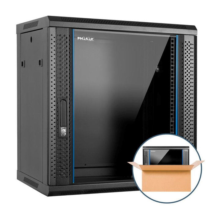 Phasak Pro PHO 3118 Rack mural 19 pouces 12U 600x600 mm, armoire de réseau en acier noir, porte vitrée Phasak Pro PHO 3118 Rack mural 19 pouces 12U 600x600 mm, armoire de réseau en acier noir, porte vitrée