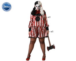 Déguisement Payasse Sinistre Adulte Femme Taille XL - Costume Rouge à Rayures avec Haut et Pantalon pour Halloween et Fêtes Thématiques