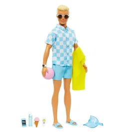 Barbie Poupée Ken Plage HPL74 - Poupée blonde en short de bain bleu avec accessoires de plage, pour enfant 3 ans et plus