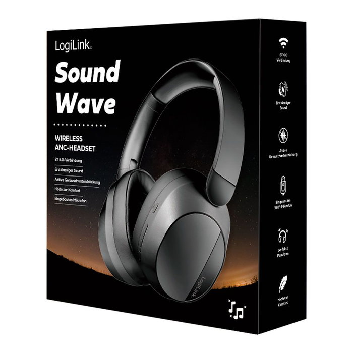 Logilink Écouteurs pliables noirs Bluetooth 6.0 avec réduction active du bruit