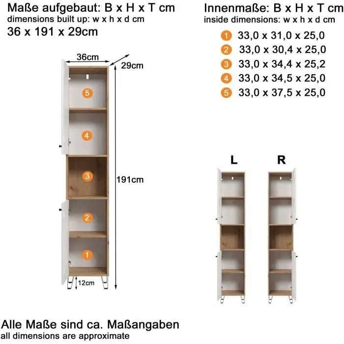 Trendteam - Armoire Haute Série Touch - 36 cm de Large, 191 cm de Hauteur - Blanc/Brun - En Bois pour Chambre à Coucher