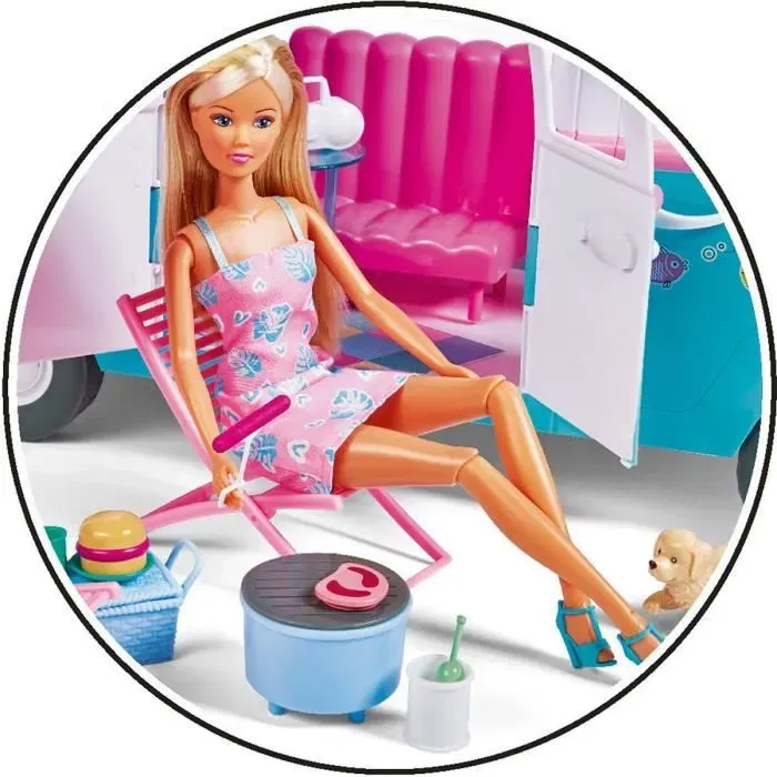 Simba Dickie Group - Poupée mannequin Steffi Love 29 cm avec camping-car jouet qui s'ouvre, longueur 51 cm, avec cuisine, salon, lit et accessoires, pour enfants dès 3 ans