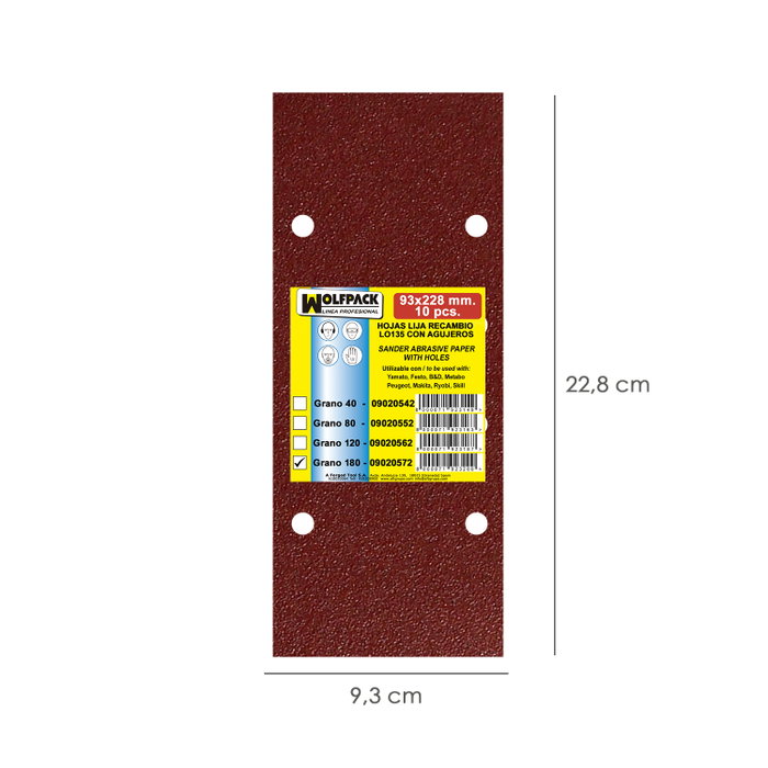 WOLFPACK LINEA PROFESIONAL Lot de 10 feuilles de ponçage avec trous 93x228 mm, grain 180