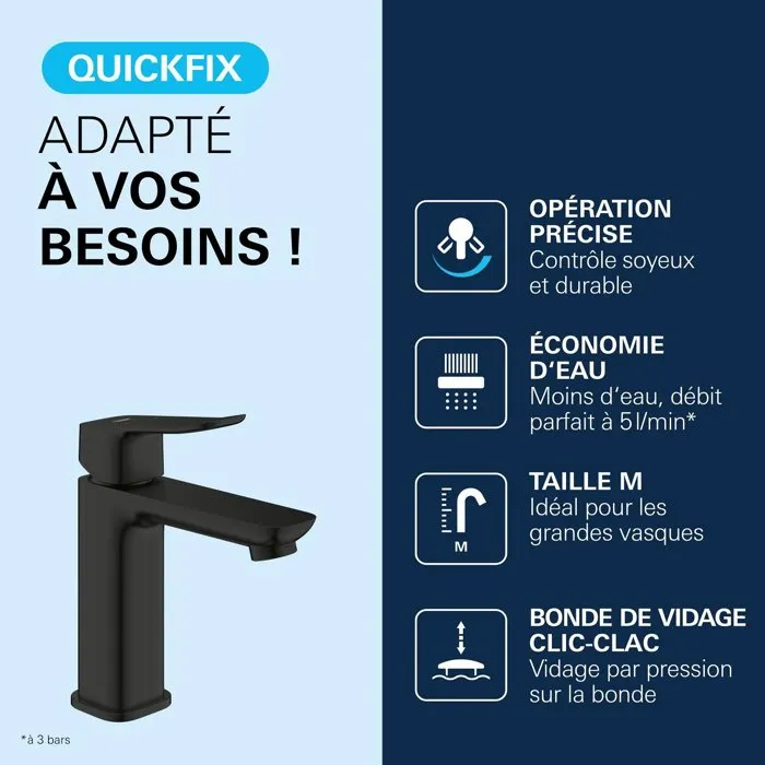 Grohe - Mitigeur de lavabo DICE Taille M, finition Noir mat, avec vidage clic-clac, technologie SilkMove, débit 5 l/min à 3 bars - Réf. GROHE DICE