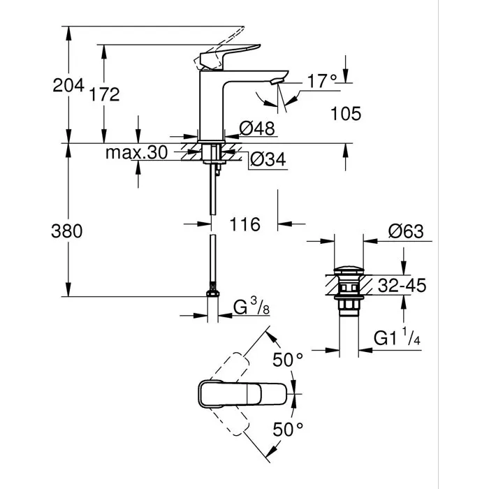 Grohe - Mitigeur de lavabo DICE Taille M, finition Noir mat, avec vidage clic-clac, technologie SilkMove, débit 5 l/min à 3 bars - Réf. GROHE DICE