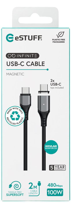 eSTUFF Câble magnétique USB-C INFINITE Super Soft 2 m PD100W 480 Mbps eSTUFF Câble magnétique USB-C INFINITE Super Soft 2 m PD100W 480 Mbps
