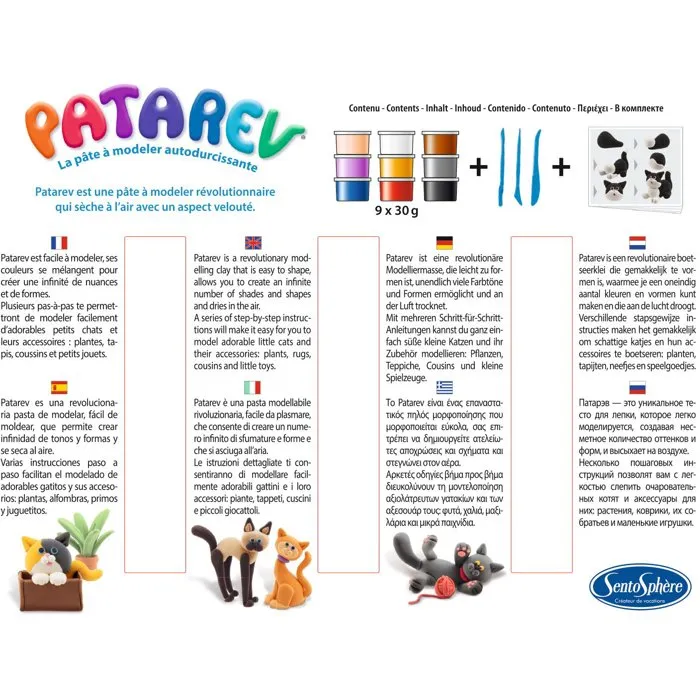 Sentosphere - Patarev - Les Chats - Pâte à modeler autodurcissante - 9 couleurs - Pour enfants dès 7 ans - Coffret de création