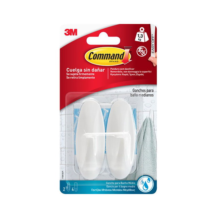 3M Command Crochet Blanc Médium 29 x 79 x 29 mm 2 Pièces + 4 Rubans Max 1,3 kg 17081b 3M Command Crochet Blanc Médium 29 x 79 x 29 mm 2 Pièces + 4 Rubans Max 1,3 kg 17081b