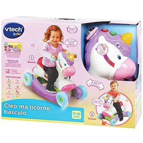 VTech Baby Porteur à Bascule et Pousseur 3 en 1 Cléo Ma Licorne Basculo - Jouet Parlant et Lumineux pour Enfant 12 à 36 Mois - Développe la Motricité - Rose, Blanc et Violet