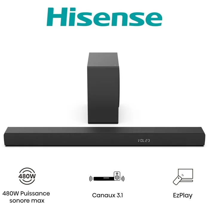 Hisense Barre de Son avec Caisson de Basses Sans Fil Bluetooth 3.1 Canaux 480W