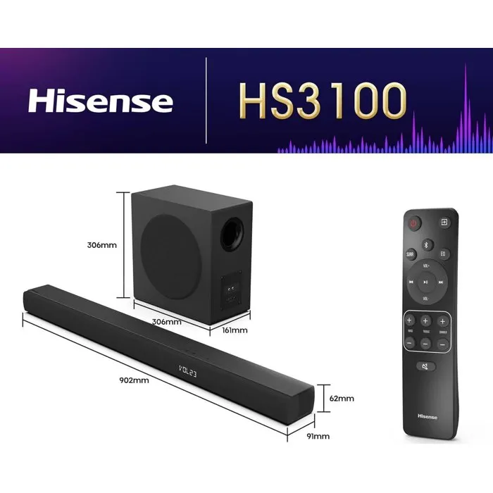 Hisense Barre de Son avec Caisson de Basses Sans Fil Bluetooth 3.1 Canaux 480W