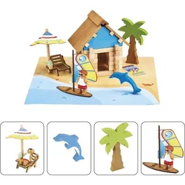 Jeujura - Jeu de Construction en Bois La Cabane de Plage 55 Pièces, avec Tapis de Jeu et Accessoires (22 x 18,5 x 8,5 cm)