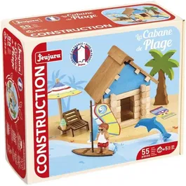Jeujura - Jeu de Construction en Bois La Cabane de Plage 55 Pièces, avec Tapis de Jeu et Accessoires (22 x 18,5 x 8,5 cm)