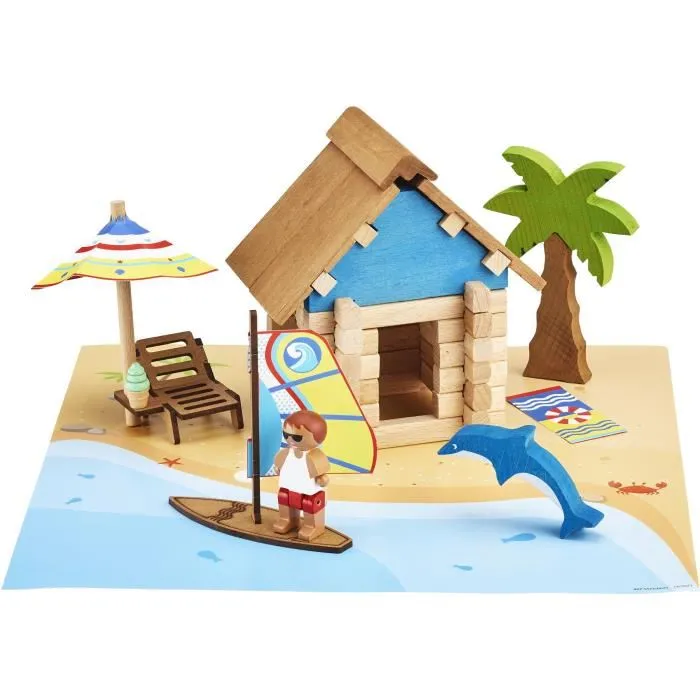 Jeujura - Jeu de Construction en Bois La Cabane de Plage 55 Pièces, avec Tapis de Jeu et Accessoires (22 x 18,5 x 8,5 cm)