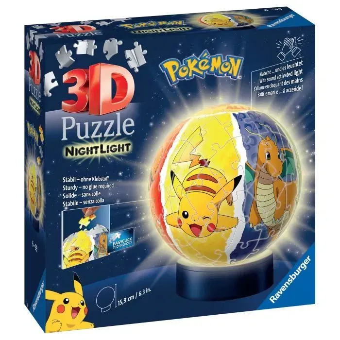 Ravensburger - Puzzle 3D Ball illuminé Pokémon avec socle lumineux - 72 pièces numérotées - Sans colle - Puzzle pour enfants à partir de 6 ans