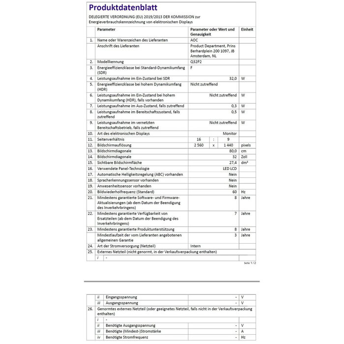 Écran AOC Q32P2 Quad HD 32"