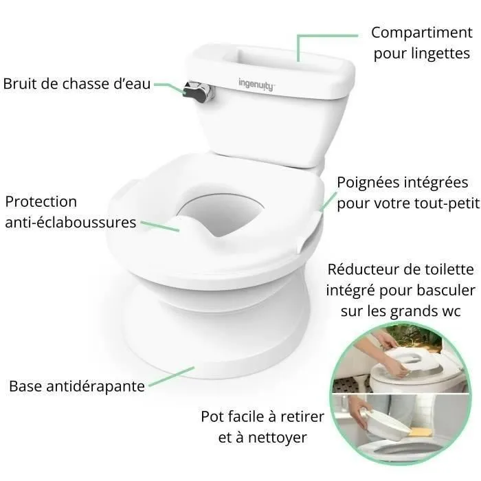 Ingenuity Pot d'apprentissage My Size Potty Pro, blanc, chasse d'eau musicale, rangement lingettes et réducteur inclus, pour enfant 18 mois+