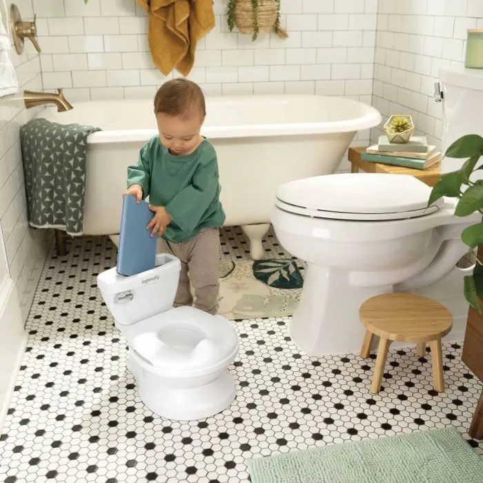 Ingenuity Pot d'apprentissage My Size Potty Pro, blanc, chasse d'eau musicale, rangement lingettes et réducteur inclus, pour enfant 18 mois+