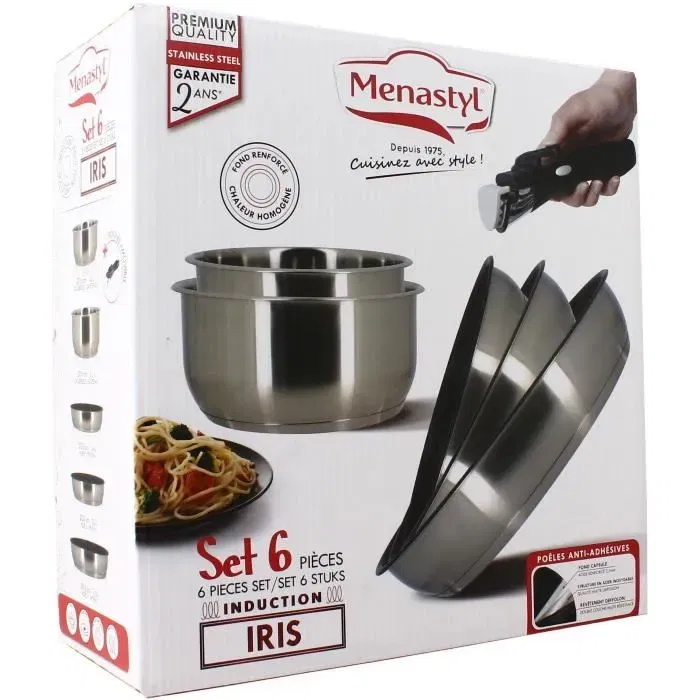 Menastyl Set batterie de cuisine induction 6 pièces inox - Poêles 22, 24, 26 cm & Casseroles 16, 18 cm - Poignée amovible - Réf. 7930018 Menastyl Set batterie de cuisine induction 6 pièces inox - Poêles 22, 24, 26 cm & Casseroles 16, 18 cm - Poignée amovible - Réf. 7930018