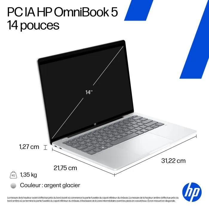 HP OmniBook 5 14-he0018nf PC Portable - 14" Écran 2K OLED - Snapdragon X1-26-100 - Windows 11 - 16Go RAM - 512Go SSD - Clavier AZERTY