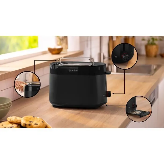 Bosch TAT2M123 MyMoment Toaster 2 Tranches, Noir - Fonctions Déshumidification, Réchauffage, Centrage Auto, Support à Viennoiseries et Ramasse-Miettes