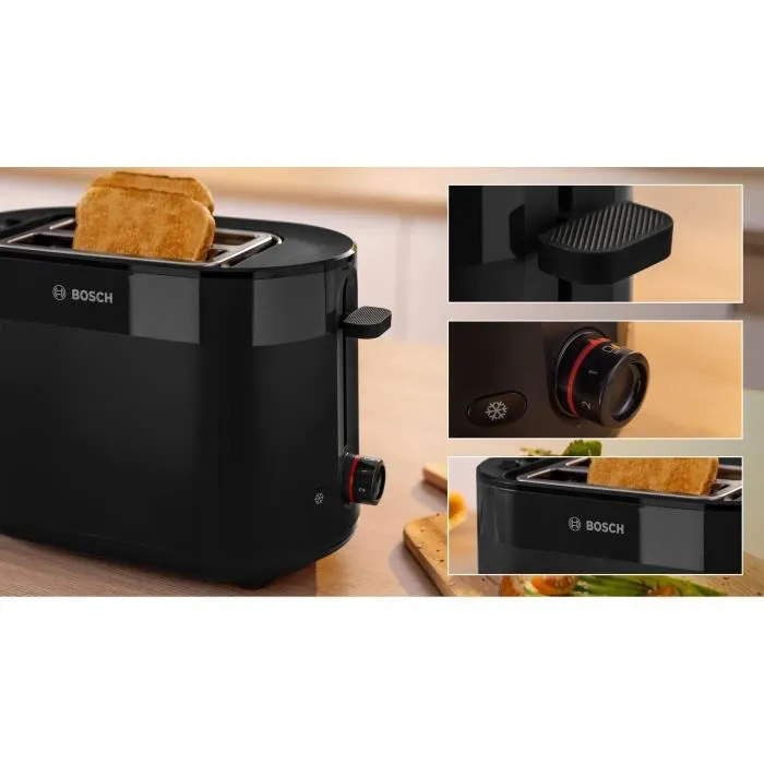 Bosch TAT2M123 MyMoment Toaster 2 Tranches, Noir - Fonctions Déshumidification, Réchauffage, Centrage Auto, Support à Viennoiseries et Ramasse-Miettes