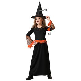 Déguisement de Sorcière Enfant pour Fille, Long Robe Noire avec Détails Orange et Chapeau, Taille 5-6 Ans, pour Halloween et Carnaval, Polyester