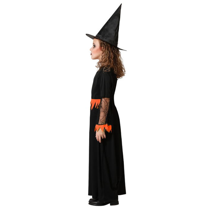 Déguisement de Sorcière Enfant pour Fille, Long Robe Noire avec Détails Orange et Chapeau, Taille 5-6 Ans, pour Halloween et Carnaval, Polyester