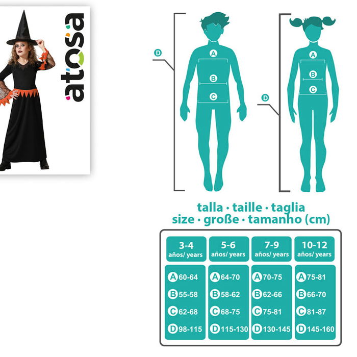 Déguisement de Sorcière Enfant pour Fille, Long Robe Noire avec Détails Orange et Chapeau, Taille 5-6 Ans, pour Halloween et Carnaval, Polyester
