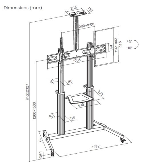 Equip Support Sol avec Roues pour Écran Plat 60-100 pouces VESA 200x200 à 1000x600 Noir