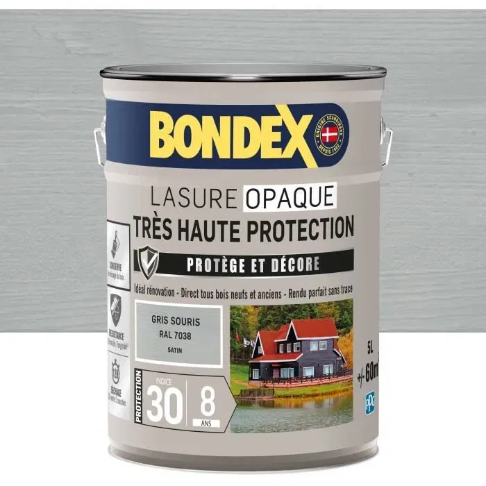 Bondex Lasure opaque satinée très haute protection - Gris souris RAL 7038 - Bois neuf et ancien - 5 L