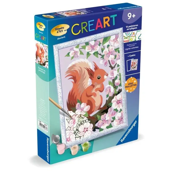 Ravensburger CreArt 25837 - Kit de peinture par numéros pour enfant 'Écureuil au printemps', 15 couleurs avec cadre, à partir de 9 ans, 18x24 cm