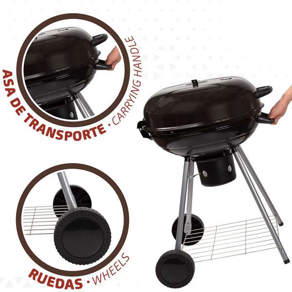 Aktive Barbecue au charbon de bois rond avec couvercle - Diamètre 57 cm, Hauteur 86 cm, Structure en aluminium et textile