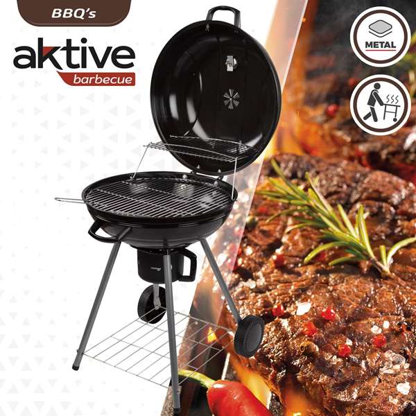 Aktive Barbecue au charbon de bois rond avec couvercle - Diamètre 57 cm, Hauteur 86 cm, Structure en aluminium et textile