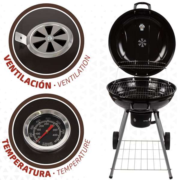 Aktive Barbecue au charbon de bois rond avec couvercle - Diamètre 57 cm, Hauteur 86 cm, Structure en aluminium et textile