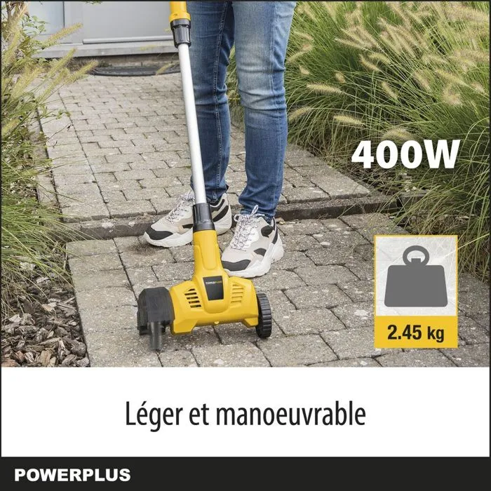 Powerplus POWXG6650 Désherbeur électrique télescopique 400 W avec brosse rotative en nylon et en acier et poignée softgrip
