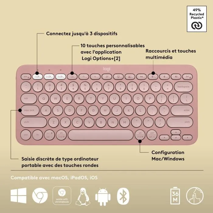Logitech Pebble Keys 2 K380s - Clavier Bluetooth sans fil compact avec boutons Easy-Switch pour 3 appareils et touches Fn programmables - Rose