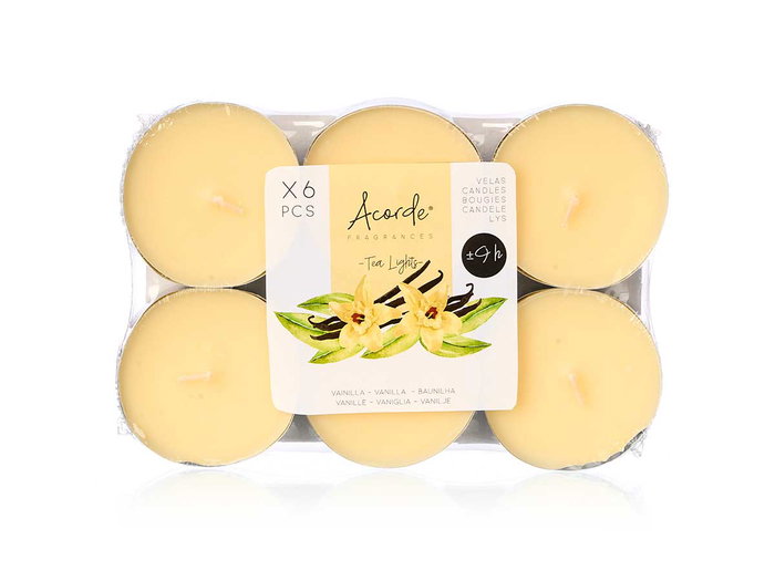 Acorde Lot de 6 bougies chauffe-plat maxi vanille 9 h cire jaune 17x2x11 cm (Set de 24) Acorde Lot de 6 bougies chauffe-plat maxi vanille 9 h cire jaune 17x2x11 cm (Set de 24)